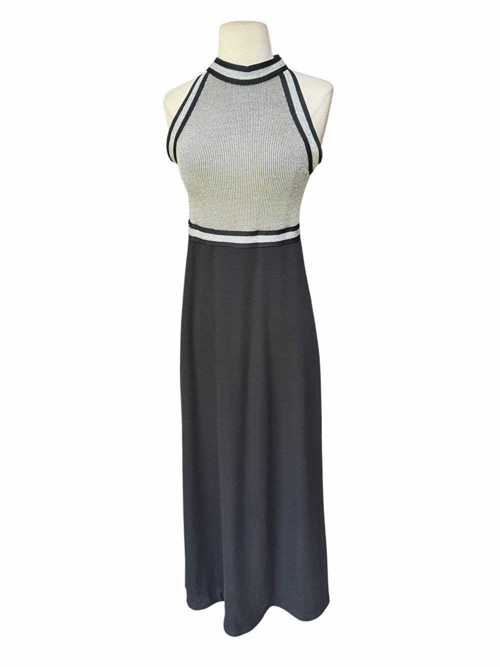 Deadstock 1970s JCPenney Fashions Colorblock Metallic Double-Knit Poly Maxi Gown